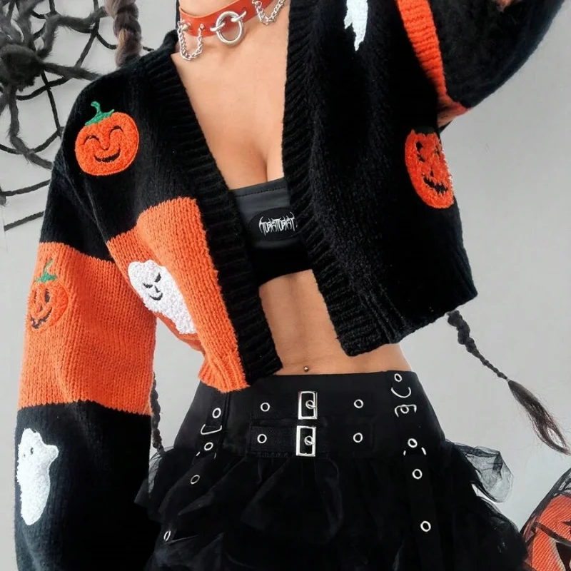 Women Halloween Cropped Cardigan Pumpkin Ghost Embroidered Long Sleeve Open Front Knitted Tops for Winter Fall