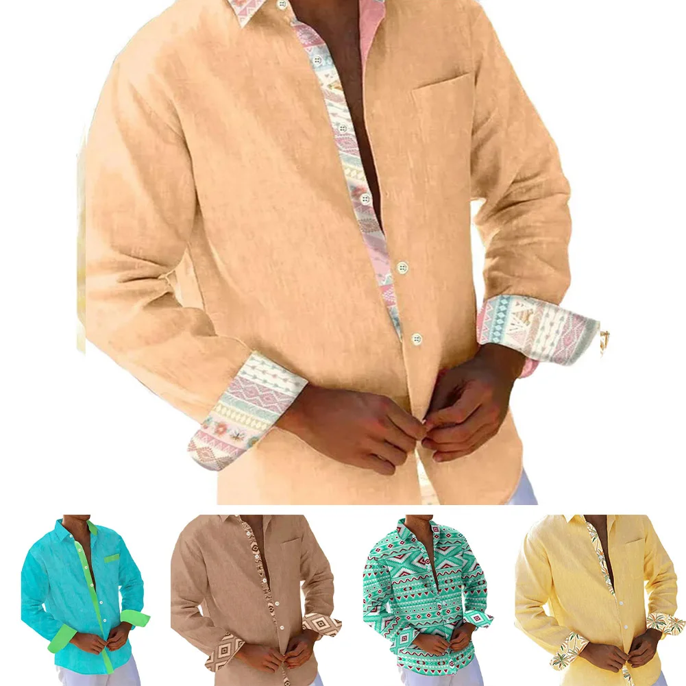 Men's Casual Shirts Long Sleeve Patchwork Soft Breathable Linen Vintage Shirts Male Fashion Party Daily Turn-down Collar Tops