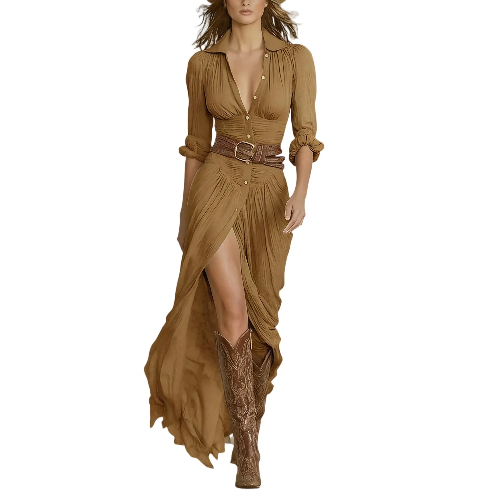 Retro V-hals Taille Gebonden Jurk Geplooide Losse Split Temperament Jurk Dames Retro Lange Mouwen Jumpsuit Lange Rok