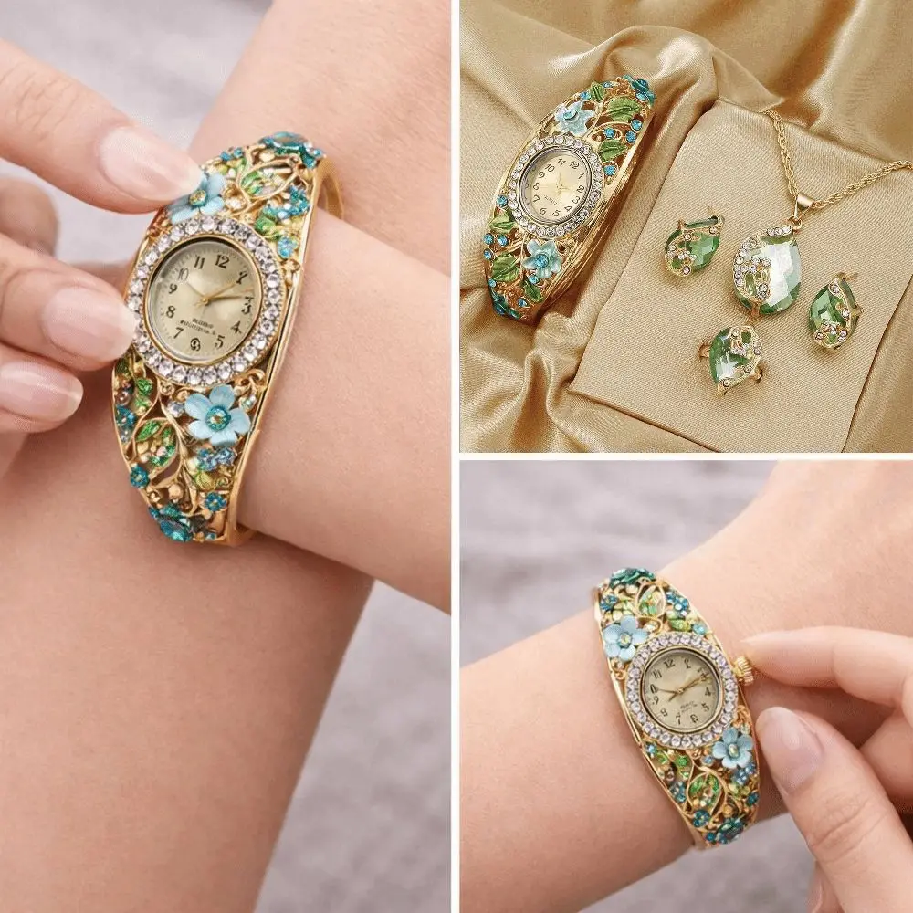 Round Dial Flower Butterfly Watch Retro Quartz Movement Rhinestone Bracelet Wristwatch Decorative Necklace Floral Watch Set