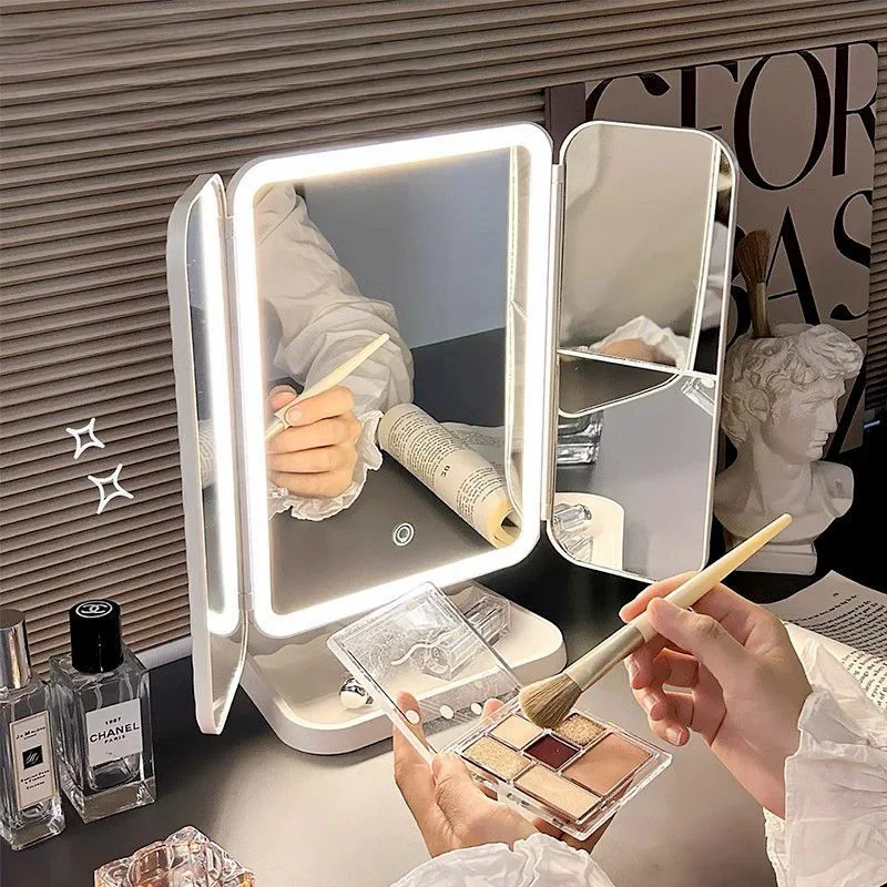 

Makeup mirror with lamp, desktop triple-folding vanity mirror