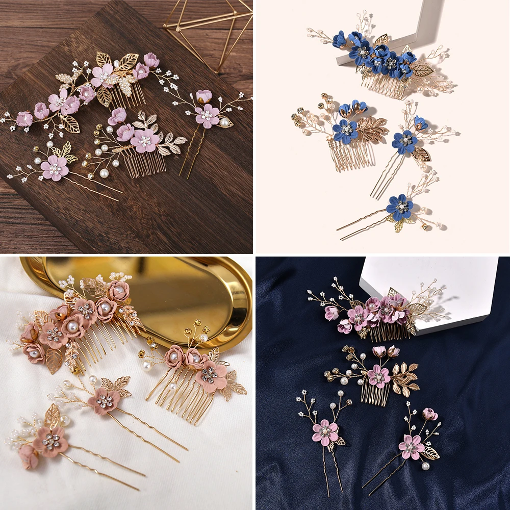 Bridal Hair Accessories for Women Flower Pearl Headpiece Tiara Wedding Barrette Clip Hairpins Bride Hair Combs Ornaments Jewelry