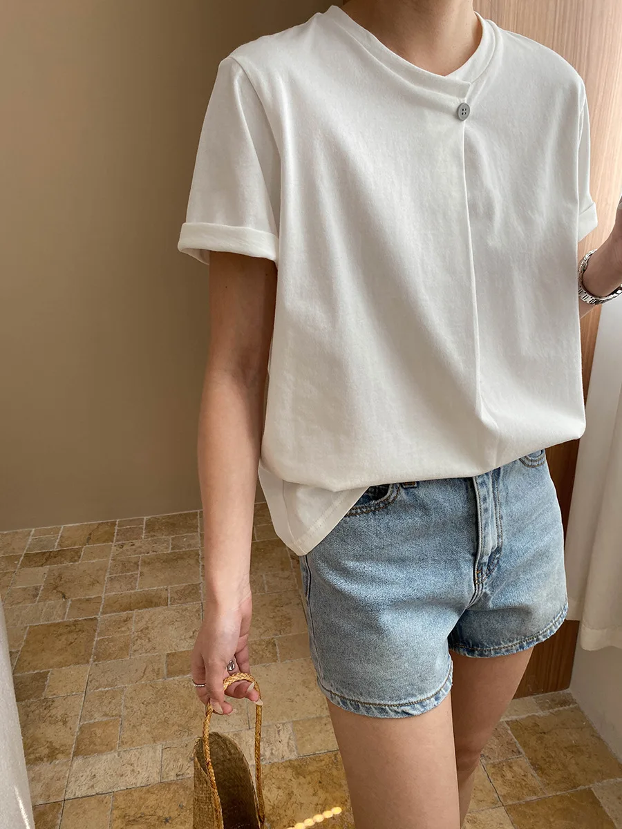 

Весенне-летняя женская повседневная однотонная свободная футболка с круглым вырезом и короткими рукавами и пуговицами