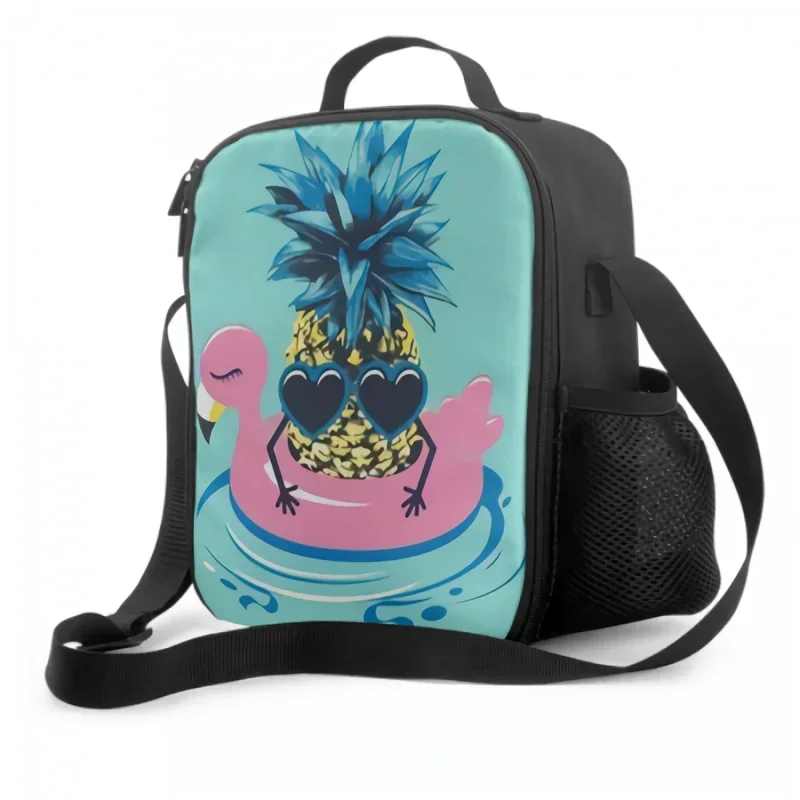 Cute Pineapple In Sunglasses Floats On Pink Flamingo Insulating Thermal Lunch Bags for Kids Boys Girls Washable Lunch Container