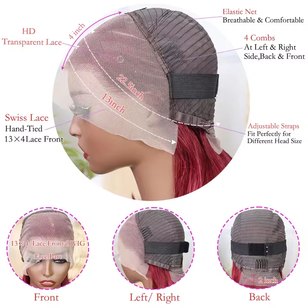 99J بورجوندي اللون بوب شعر مستعار 13x4 الدانتيل أمامي بوب الباروكات 100% البرازيلي شعر الإنسان مستقيم قصير النبيذ الأحمر شعر مستعار للنساء #6