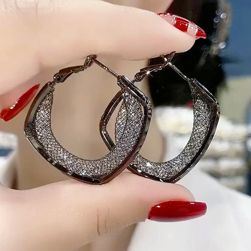 2024 Fashion Black Square Mesh Zircon Hoop Earrings for Women New Trendy Temperament Girls Party Jewelry Premium Birthday Gifts