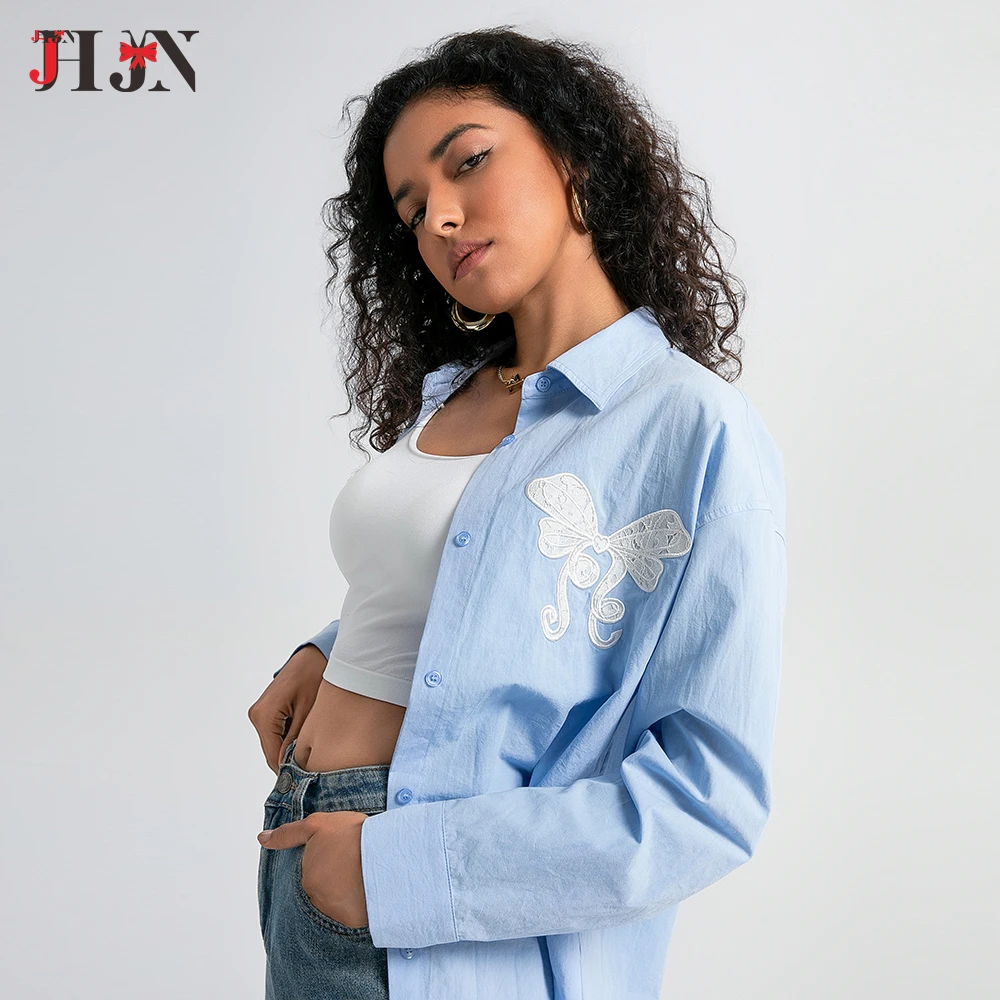 2024 Blusas Mujer De Moda Korean Vintage Embroidery Blouses Tops Light Blue Autumn Blouse for Women V Neck Bandage Loose Shirts