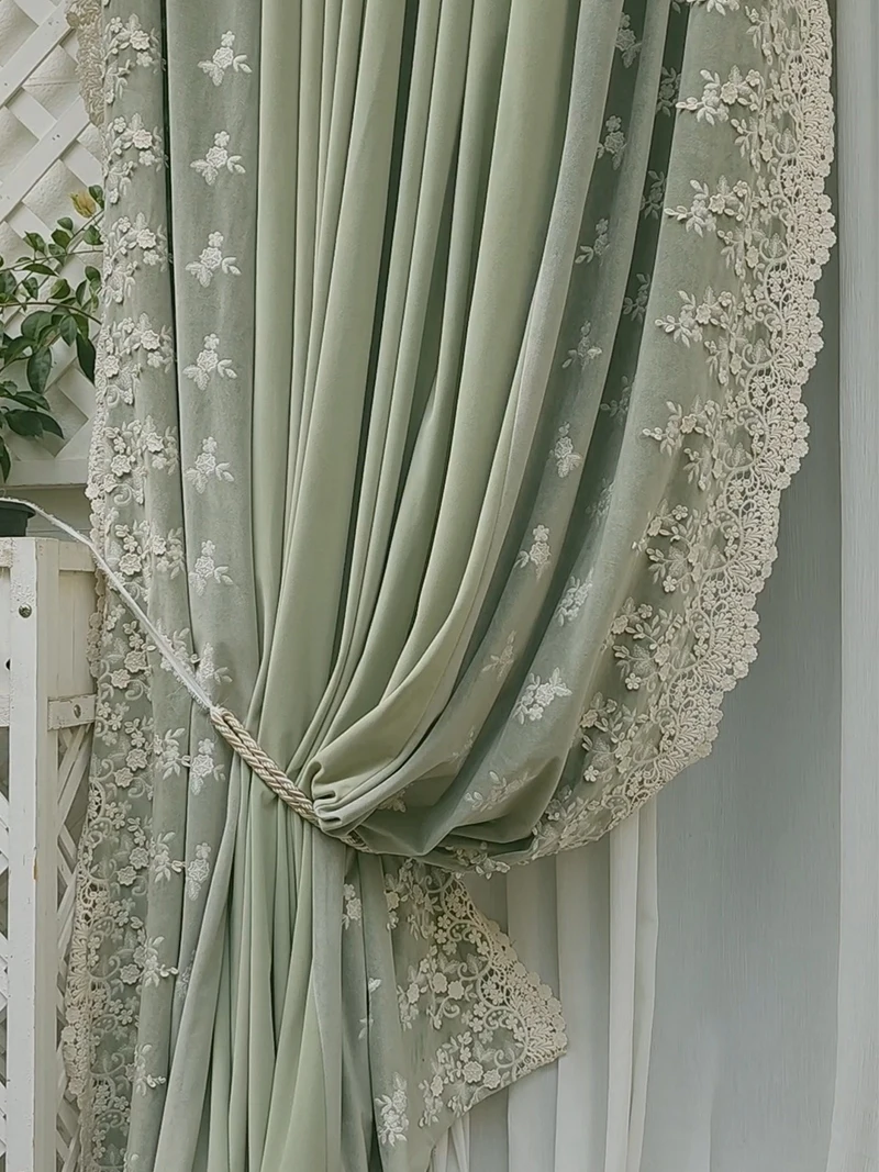 Tender Green Lace Velvet Thickened Curtains for Living Room Bedroom French Window Balcony Floating Window Villa Customized