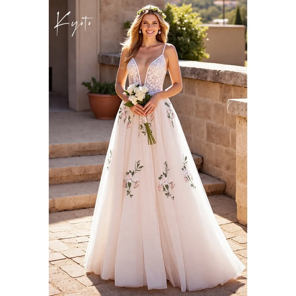 

Kyoto Свадебное платье с v-образным вырезом и цветочным принтом на тонких бретельках длиной до пола فستان زفاف трапециевидной формы с открытой спиной, платья de novia