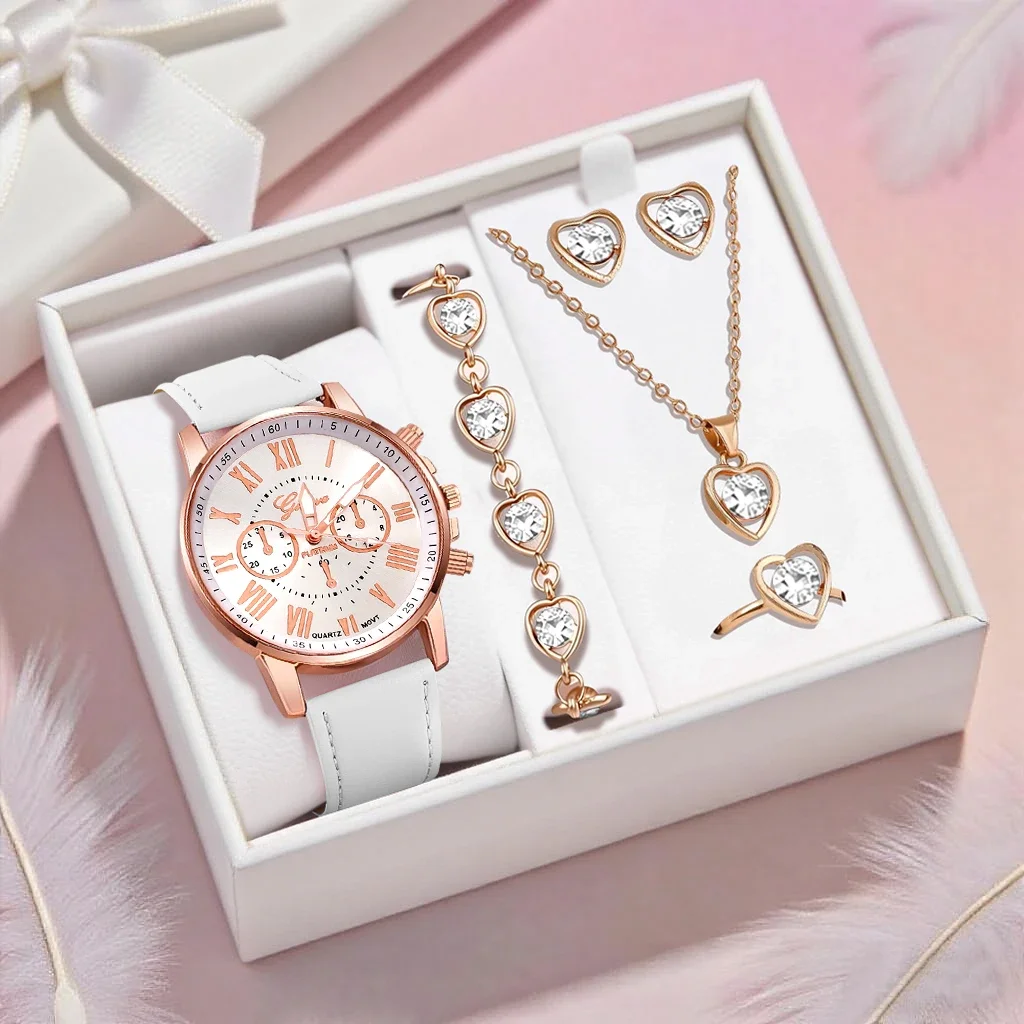 6PCS Simple and Stylish Ladies' Watch PU Leather Strap Quartz Watch with Necklace Accessories Set