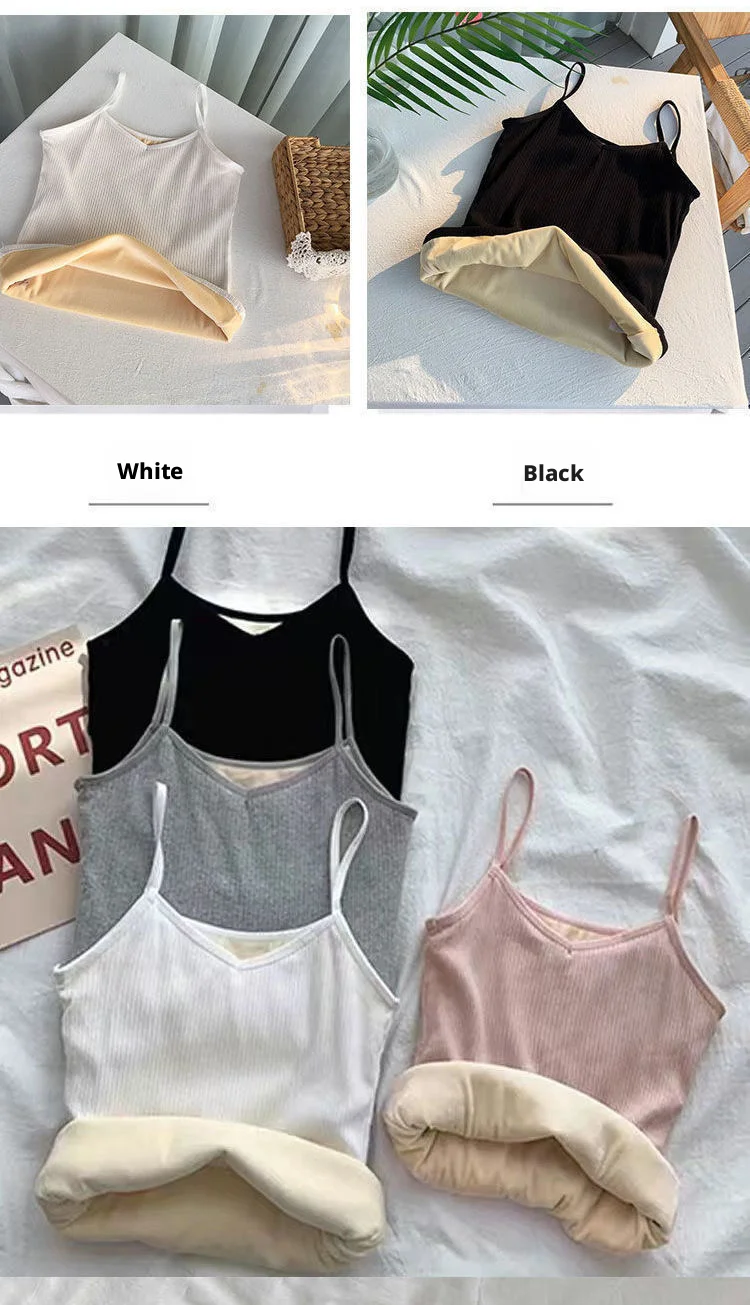 Camiseta sin mangas de moda para mujer, ropa interior térmica de invierno, color liso, ropa de noche informal, sexy, elástica, de terciopelo fino.
