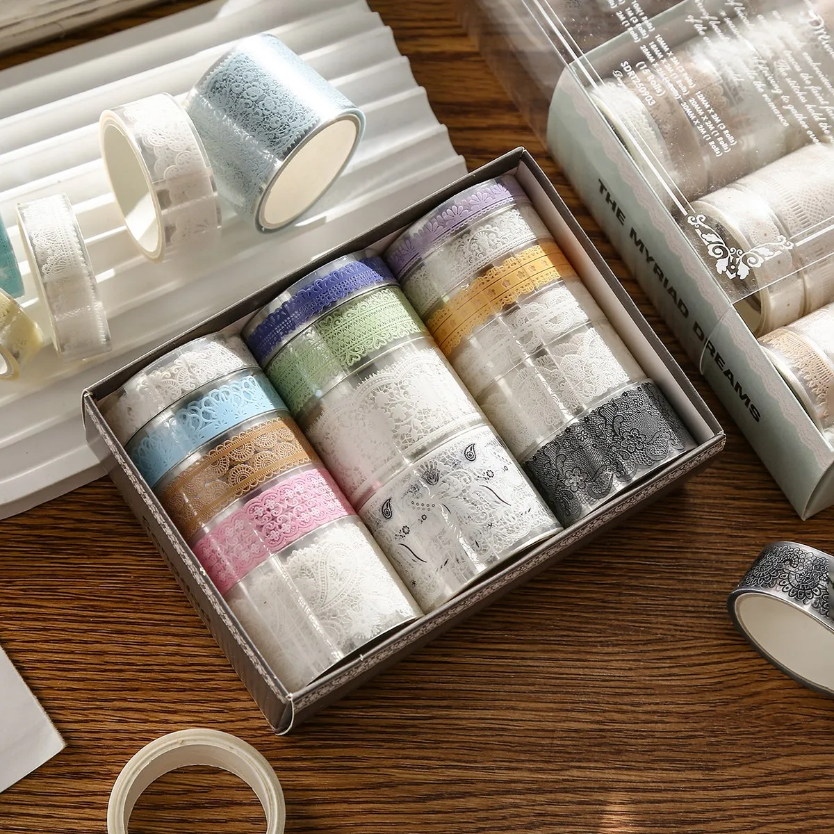 15 لفة/صندوق شريط نمط الدانتيل، متوفر بألوان مختلفة، مناسب لتزيين ألبوم دفاتر الملاحظات بنفسك، مادة PET مقاومة للماء