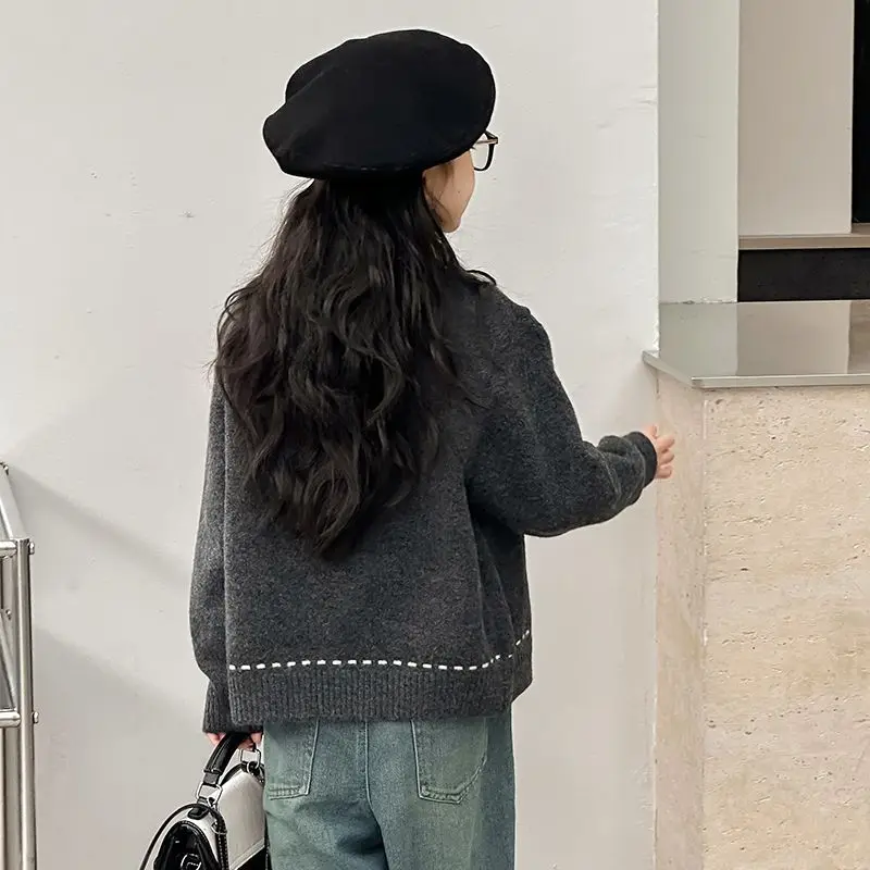 

2025 Autumn Winter New Girl's Gray Knit Cardigan Kids Sweater Coat Korean Style Autumn Winter Jacket Top for Children