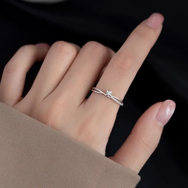 Fashion Luxury Sterling Silver Inlaid Tiny Zircon Adjustable Crossed Star Ring for Woman Korean Wedding Jewelry Accessory Gifts
