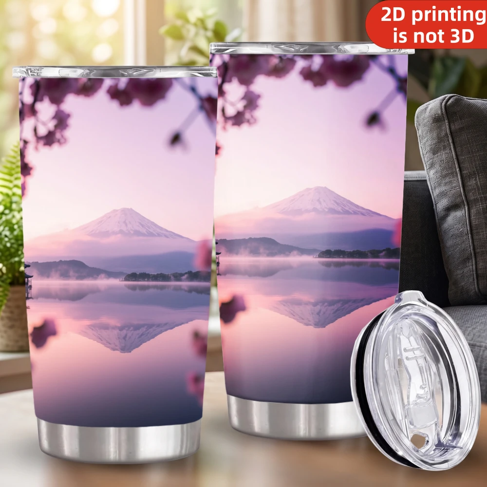 20oz Mount Fuji Cherry Blossom Printed Stainless Steel Tumbler with Lid and Straw, Japanese Sakura Lake Reflection Sunrise Landscape Vacuum Insulated Travel Coffee Mug Gifts for Women