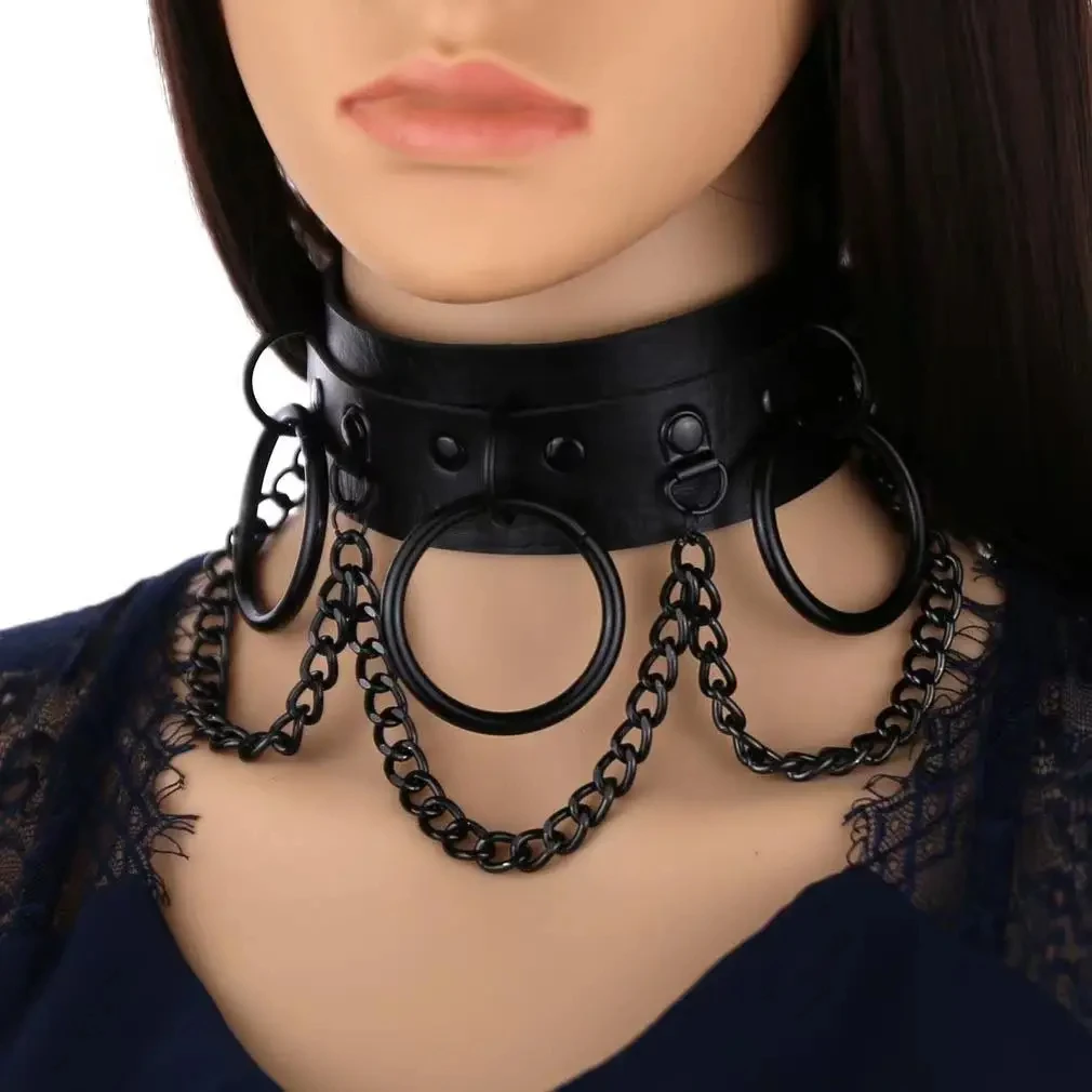 Trendy Punk Pu Leather Sexy Fashion Chain Collar Necklace Dark O-Shaped Chain Neck With Halloween Gift