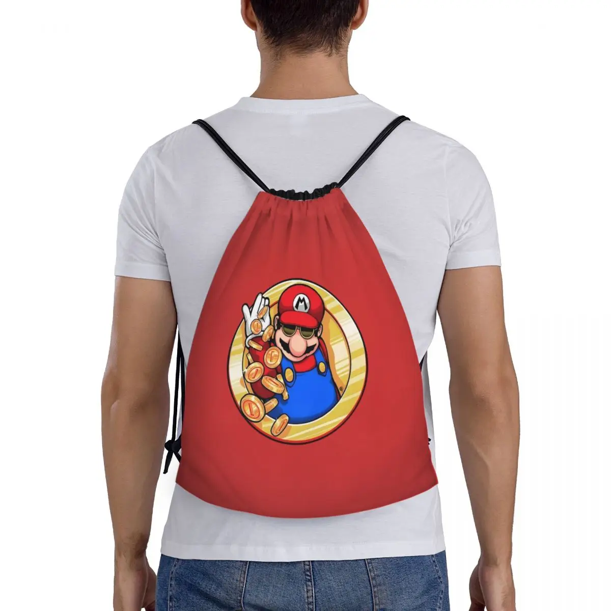 여성 남성을위한 맞춤형 M-Marioed Drawstring 배낭 스포츠 체육관 가방 비디오 게임 쇼핑 Sackpack