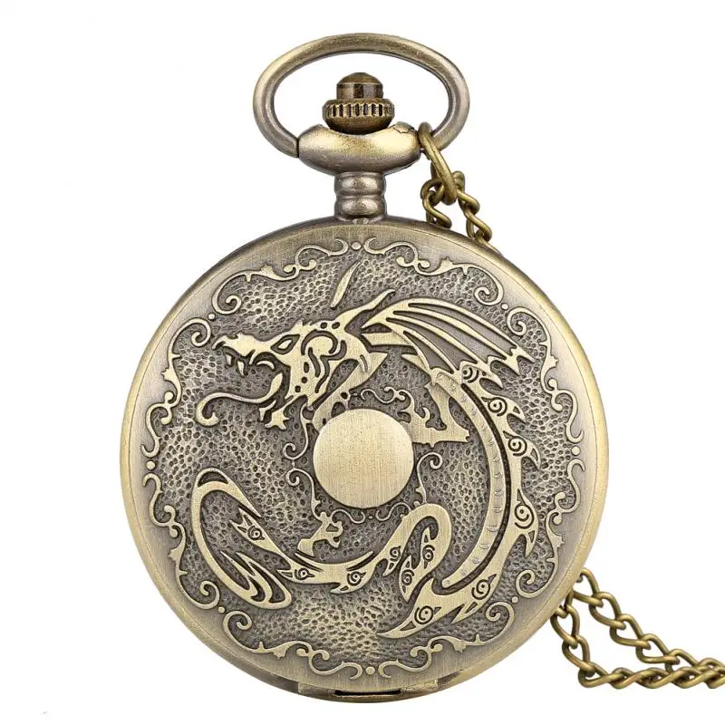 Chinese Bronze Dragon Carved Steampunk FOB Analog Pocket Watch with Chain Necklace Watch Gifts Antique Watches for Men Women