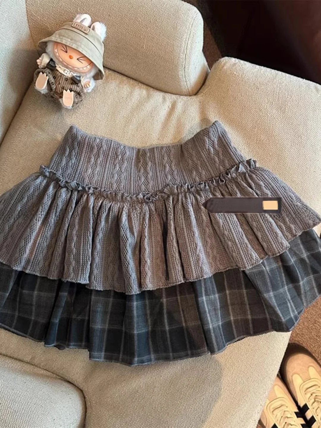 American Style Spliced Floral Plaid Cake Short Skirt Women's Spring Autumn High Waist A-Line Double Layer Fluffy Half Skirt