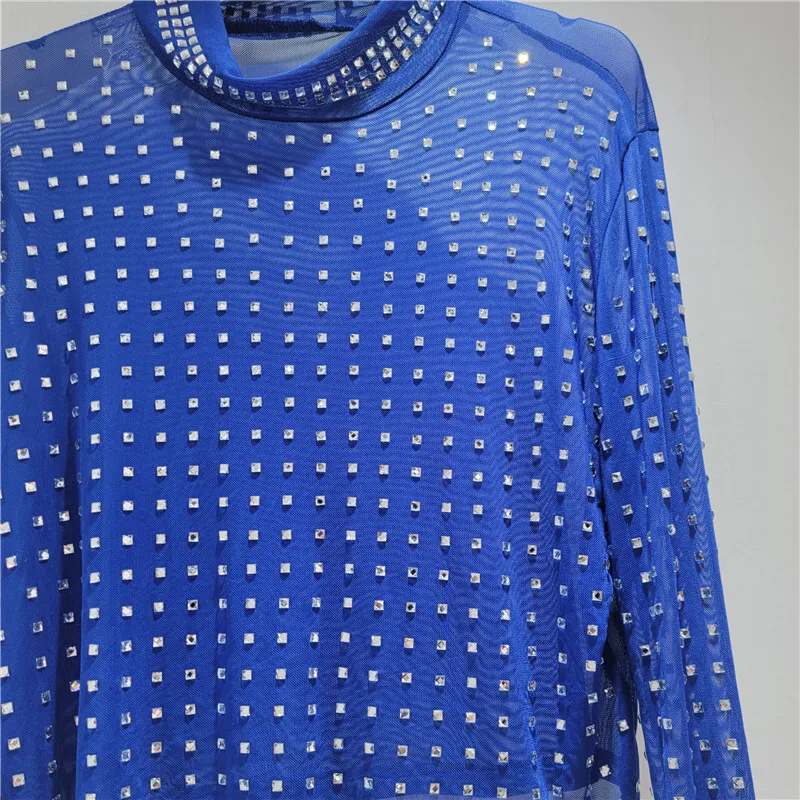 HKSH Tシャツ女性のための秋の新長袖スタンドカラーメッシュスタッズダイヤモンド Tシャツシックなストリートエレガントカジュアルトップス HK10866