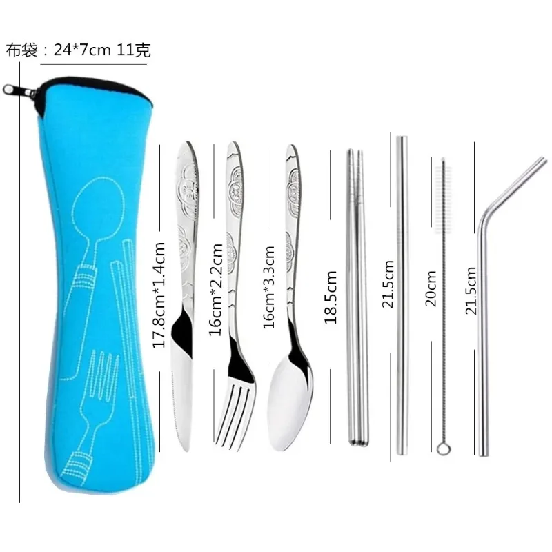7pcs/ Set Stainless Steel Tableware Set Outdoor Portable Cloth Bag Knife Fork Spoon Chopsticks Straw Rich Flowers Seven Sets