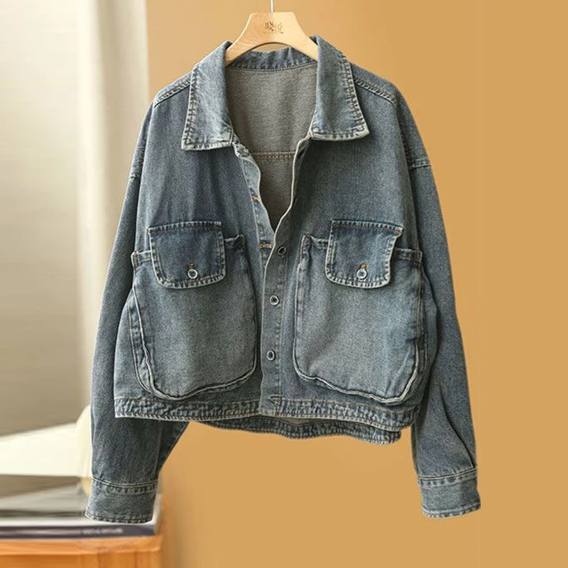 Old denim work clothes large pocket single breasted loose  slim and simple fashion autumn cardigan coat  denim jacket
