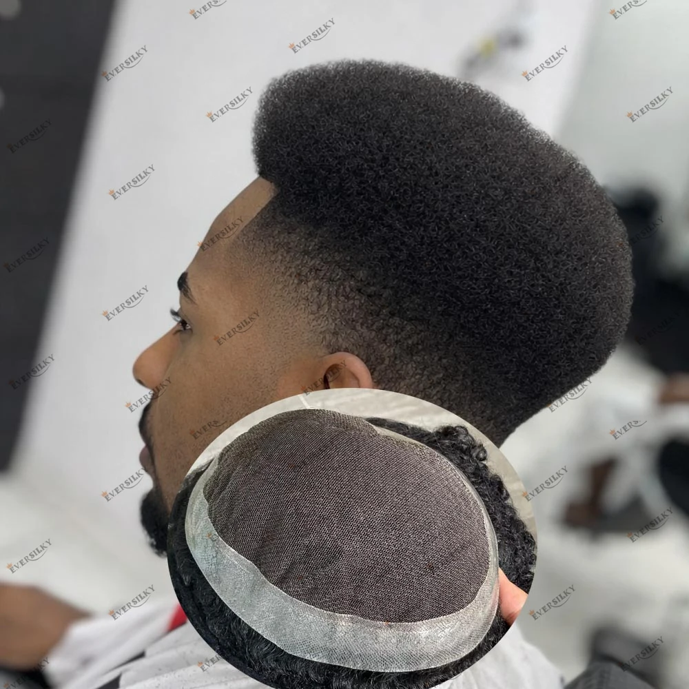 Sistema de Tupé de Cabello Humano Afro Virgen Negro para Hombre, Base de PU Transpirable con Encaje, Prótesis Capilar Ventilada, Peinados de 4mm y 6mm