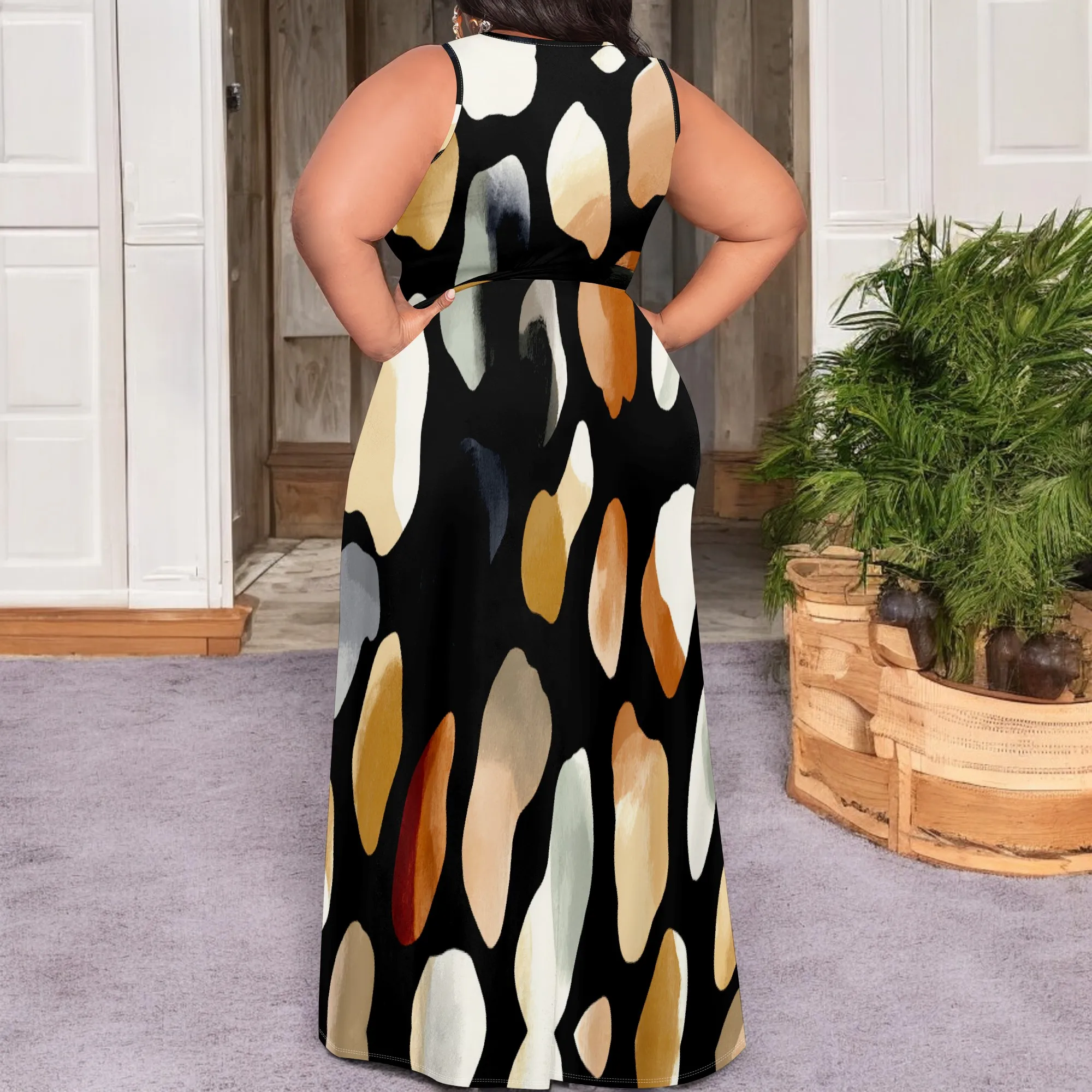Plus Size Abstract Print Maxi Dress XL-6XL V-Neck Wrap Split Hem Sleeveless for Art Festival, Vacation or Elegant Dinner Look