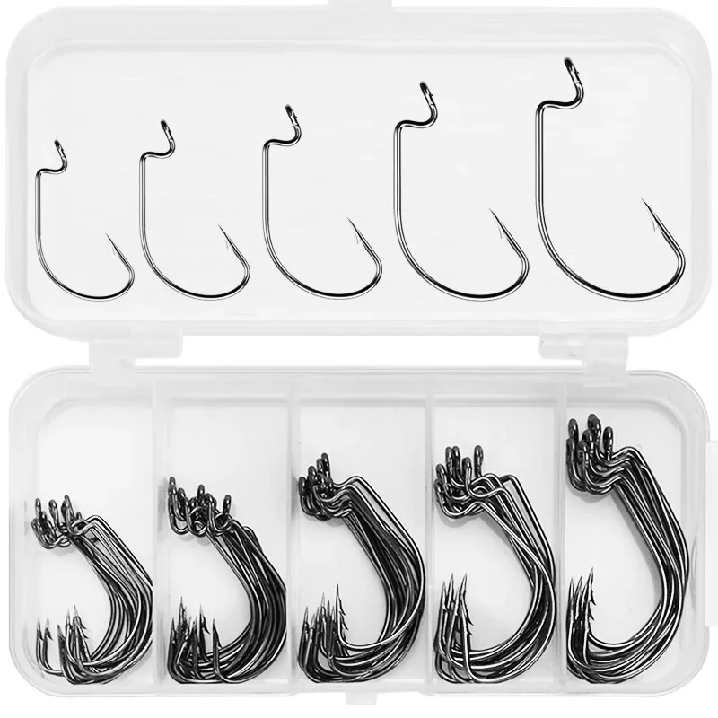 50pcs/ Box 5 Style Sea Fishing Box Mustad Offset Hook 2# 1# 1/0# 2/0# 3/0# Carp Snap Fish Big Hooks Tackles Fish Hook Sets Ajing