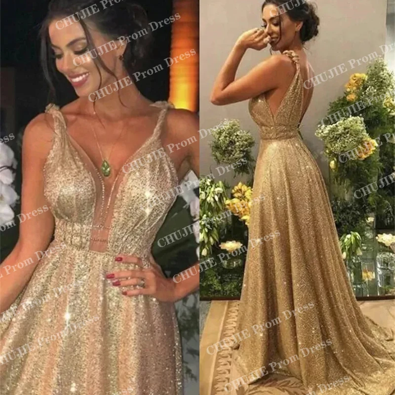 

Sequins Shinny A Line Prom Dresses Long Gold Formal Evening Dress Ball Gowns V Neck Backless Party Dresses Maxi Robe