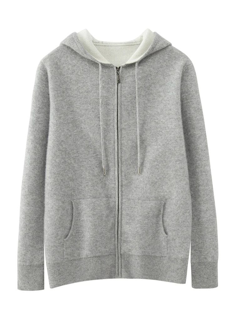 Kardigan Berkerudung Ritsleting Pria 100% Pakaian Rajut Wol Merino Sweter Hangat Lembut Tebal Sweter Kasual Musim Gugur Musim Dingin Pakaian Uniseks