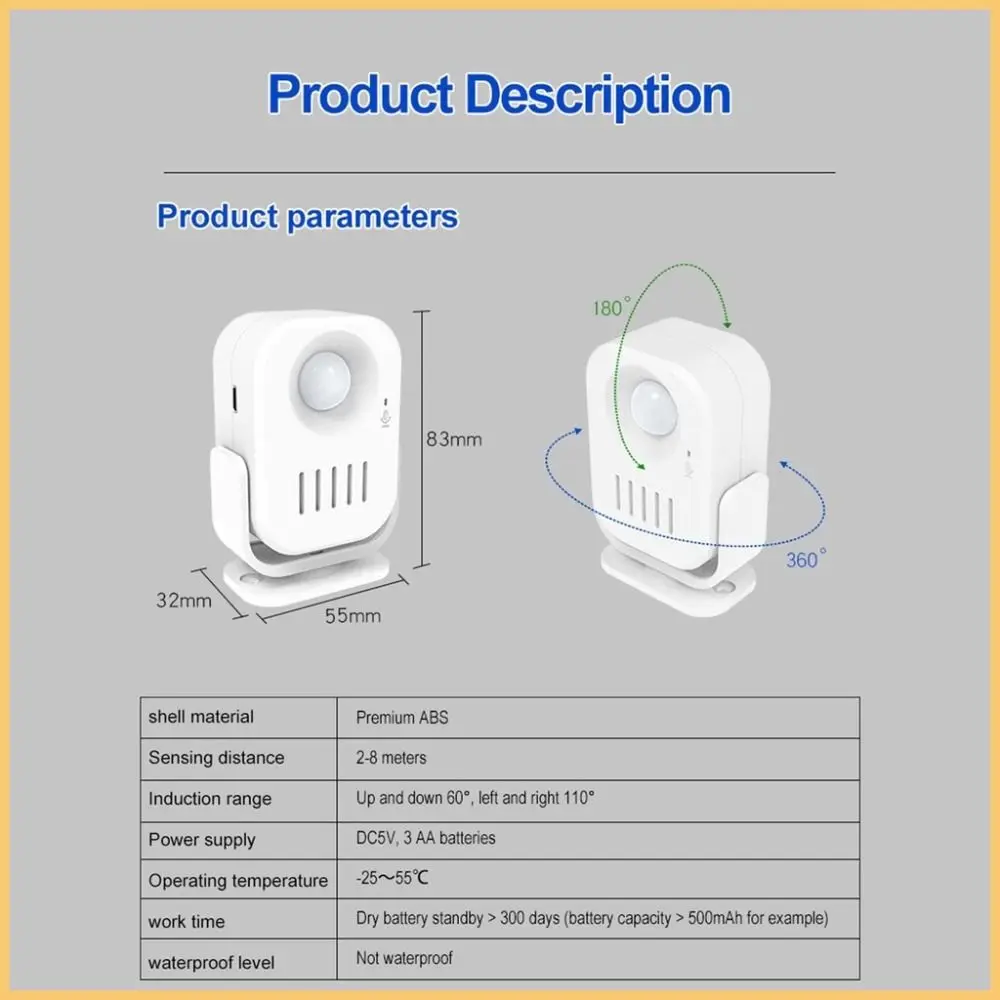 إنذار أمان ذكي جرس باب يعمل بالصوت مضاد للسرقة مستشعر حركة بالأشعة تحت الحمراء ذكي ترحيب جرس الباب متعدد اللغات