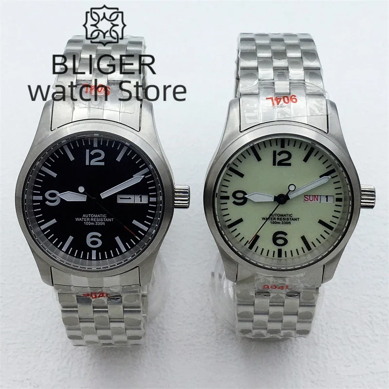 BLIGER Luxury Mechanical Men\'s Pilot Watch NH36A 36mm/39mm 316L Stainless Brushed Case Sapphire Glass Luminous Dial Waterproof