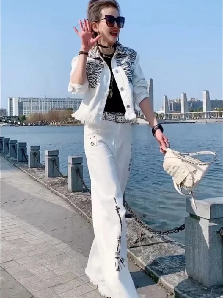 

Trendy women's clothing 2025 new style fashionable loose coat+ casual commuting loose wide leg pants white denim suit