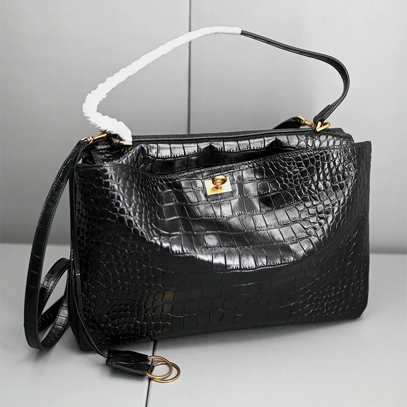 Genuine Leather Handbag 35cm with Crocodile Pattern Women\'s Bag with a Loose Feel High-End Feeling Lazy Crossbody Large