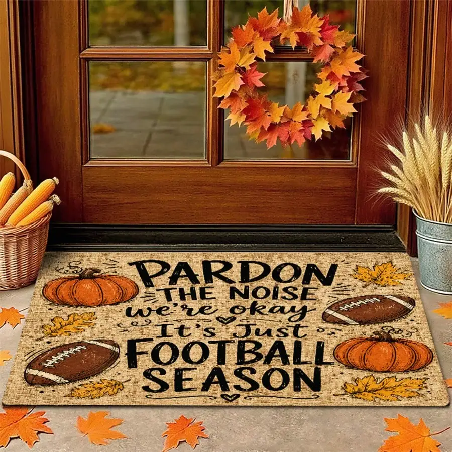 1 Piece Rectangular Welcome Mat, Fall Football Style Printed Pattern, Nonslip And Dirtproof Washable Mat, Flannel Material Is Soft, Comfortable And Easy To Clean, Suitable For Entrance Bathroom Kitchen RV Outdoor Decoration