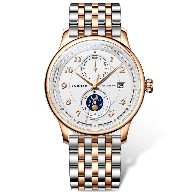 Marchio di lusso BORMAN Seagull Orologi meccanici automatici da uomo Zaffiro Multi-funzione impermeabile Fasi lunari Orologi maschili BM3869