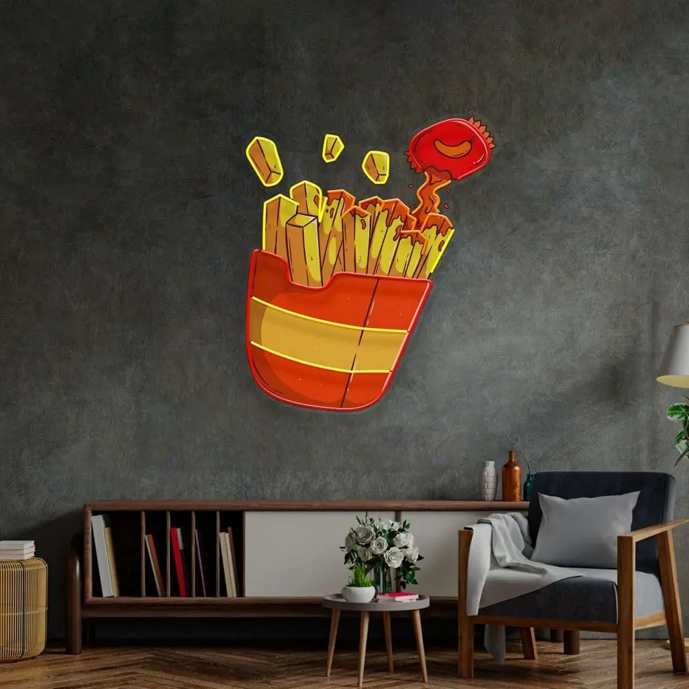 Custom French Fries Neon Sign For Wall Decor Food LED Neon Light Art For Home Bar Kitchen Restaurants Decor Size:37*32 cm