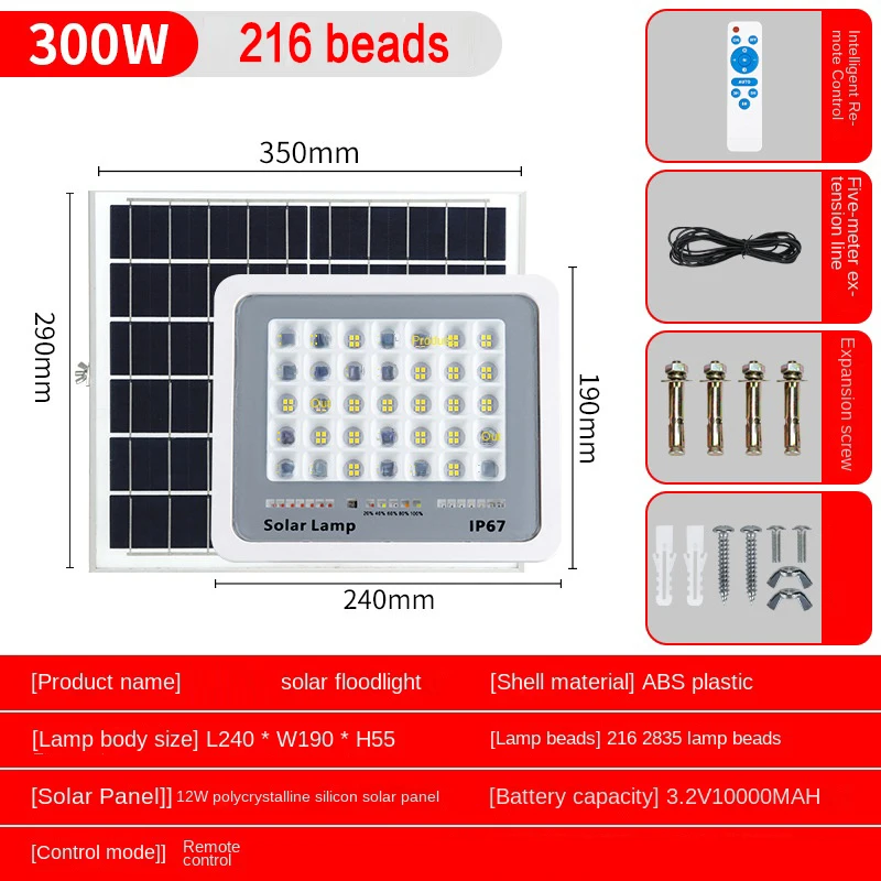 Solar LED Floodlight 100W 200W 300W Outdoor Spotlight Tempered Glass Flood Lights Remote Control IP67 Waterproof Street Lights