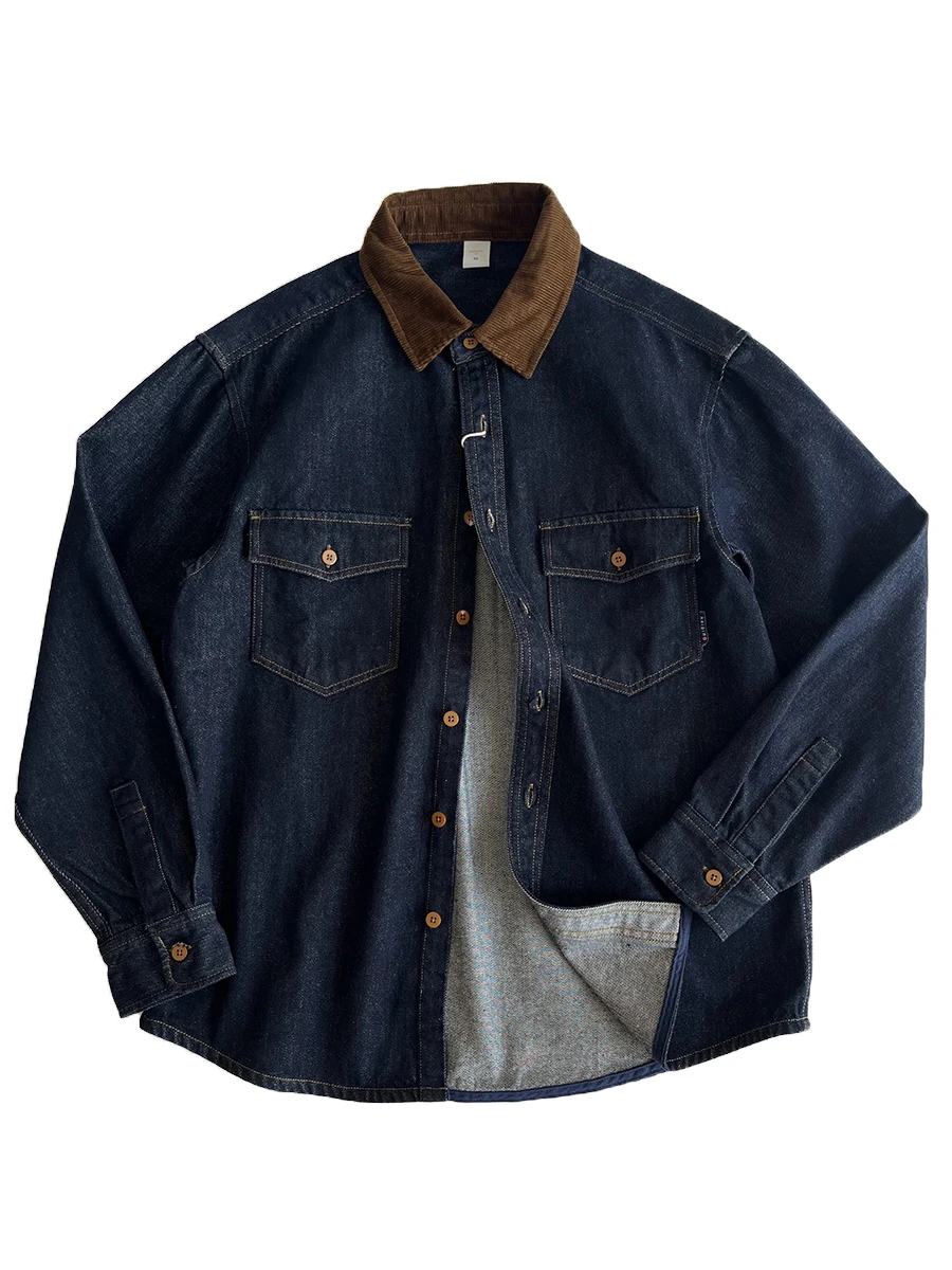 

Casual Indigo Dyed Patchwork American Heavy Barn Sle Long Sve Denim irt Trendy Brand Leisure Autumn Thin Outerwear