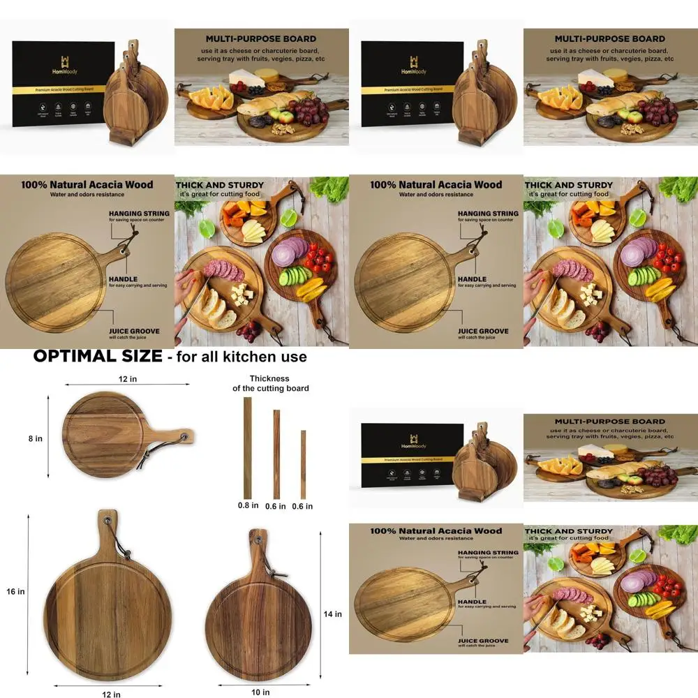 

Set of 3 Acacia Wood Cutting Boards with Handles, Cheese & Charcuterie Boards, Kitchen Chopping Board Gadgets