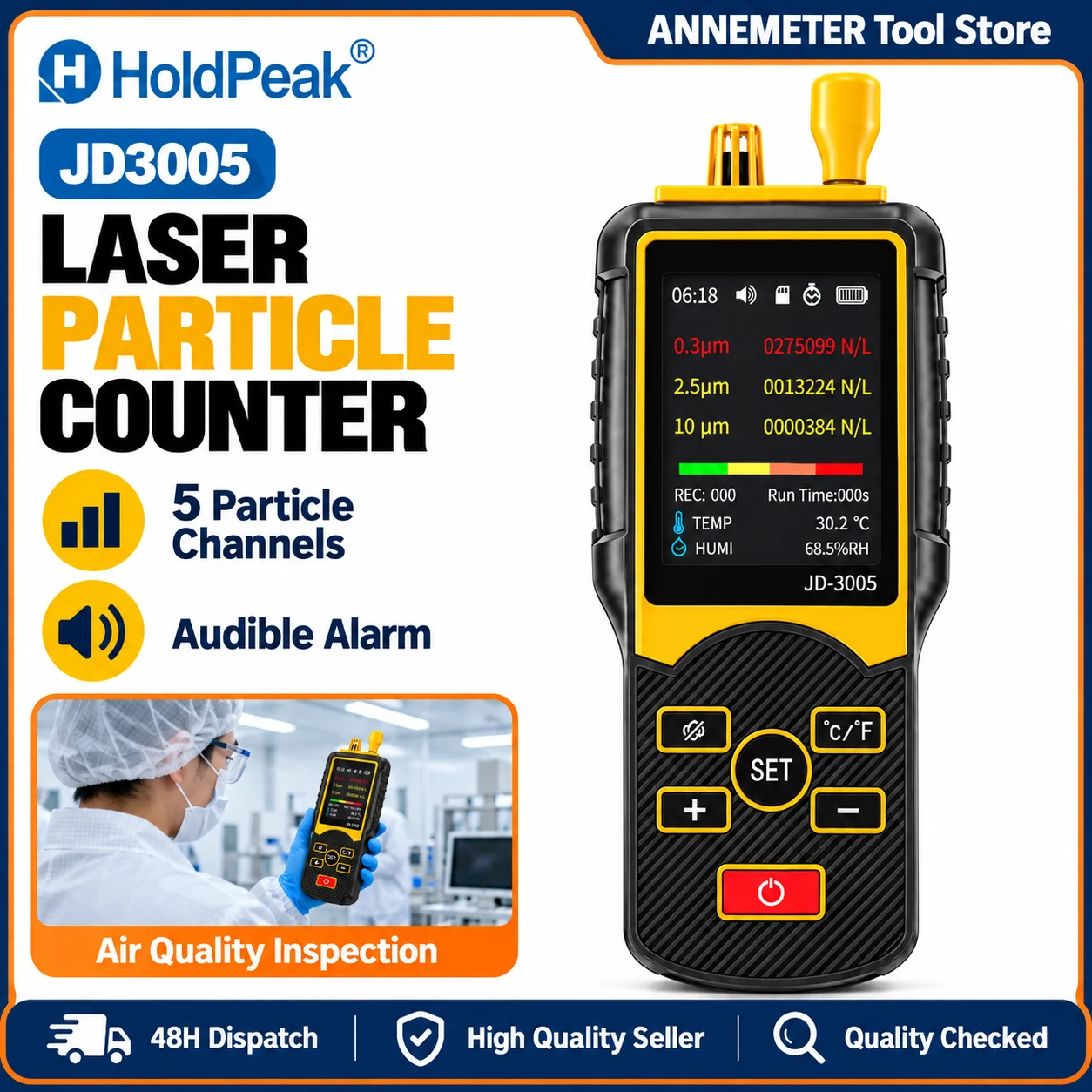 5 Channel Laser Particle Counter Air Quality Monitor PM2.5 PM10 PM0.3 Detector TFT Display Data Logger for Home HVAC Indoor
