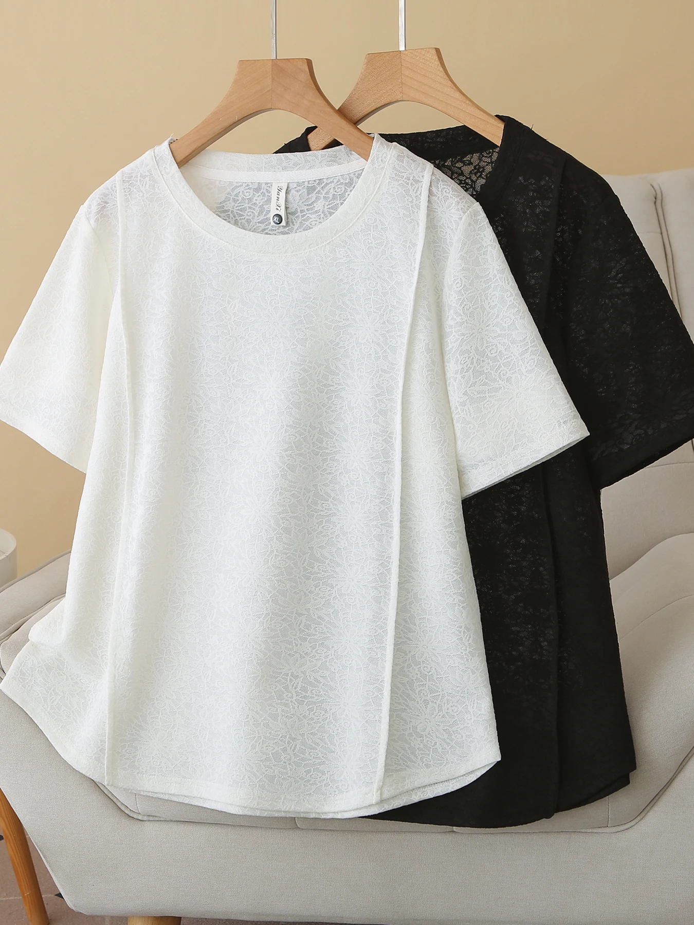 Fashionable Korean round Neck Short Sleeve Pure Color Lace Embroidery Big Size Shoulder T-Shirt Comfortable Polyester Fiber S...