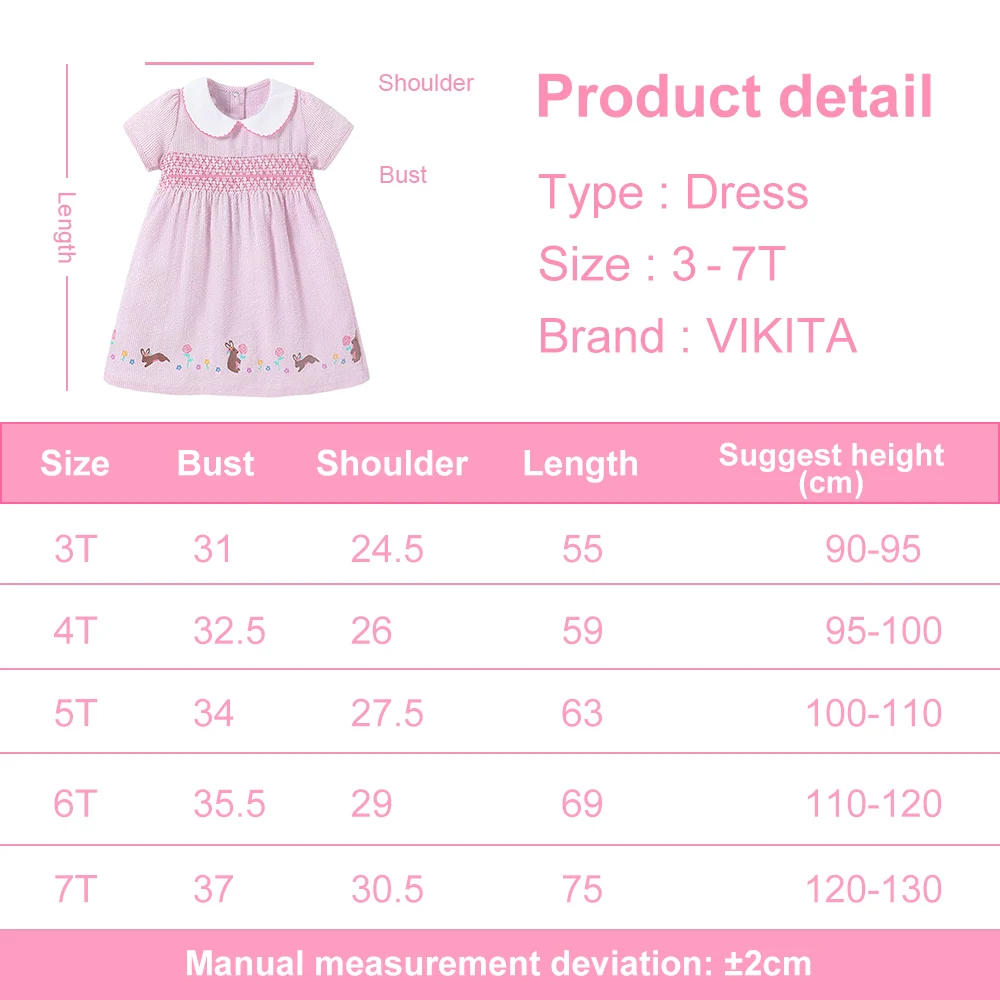 VIKITA 2025 New Summer Kids Pink Princess Birthday Party Dress Girls Short Sleeve Mouse Flower Cartoon Print Casual Cotton Wear