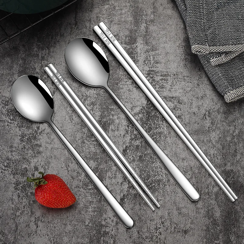 Korean Long-handle Spoons Chopsticks Tableware Set Reusable High-end 316 Stainless Steel Non-slip Food Soup Spoon Dinnerware Set