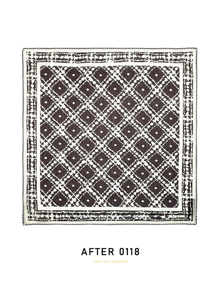 クラシックなブラウンの格子柄シルクスクエアスカーフ、エレガントでシンプルなコットンシルク、マルベリーシルクの小さなスカーフ、多用途、オールシーズン、ユニセックス