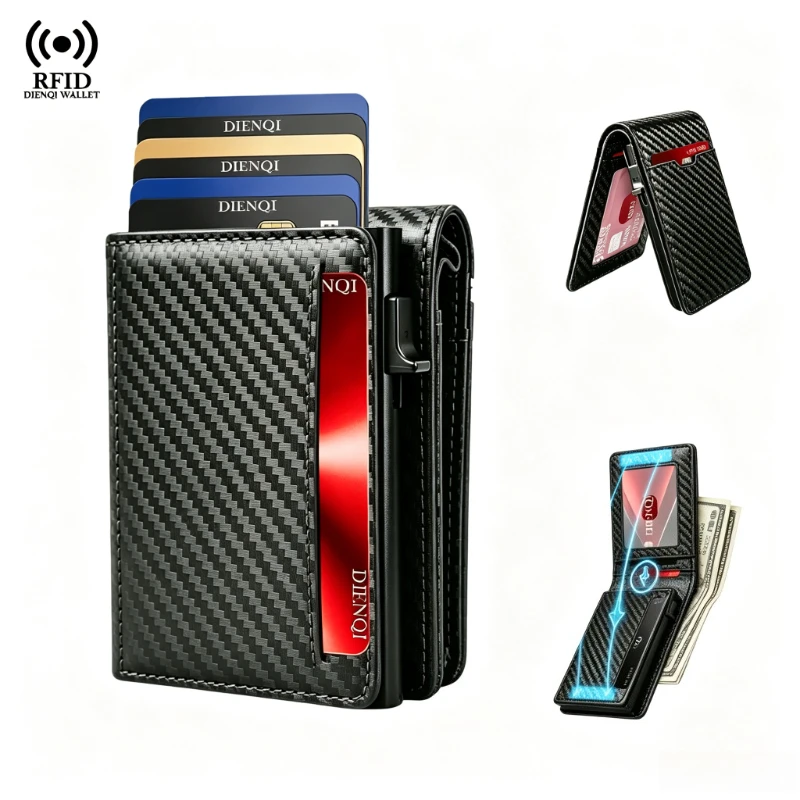 Men Slim Pop‑Up Card Wallet Carbon Fiber Pattern RFID Blocking  Anti‑Scan Minimalist Wallet Multi‑Slots Credit Card Holder Purse