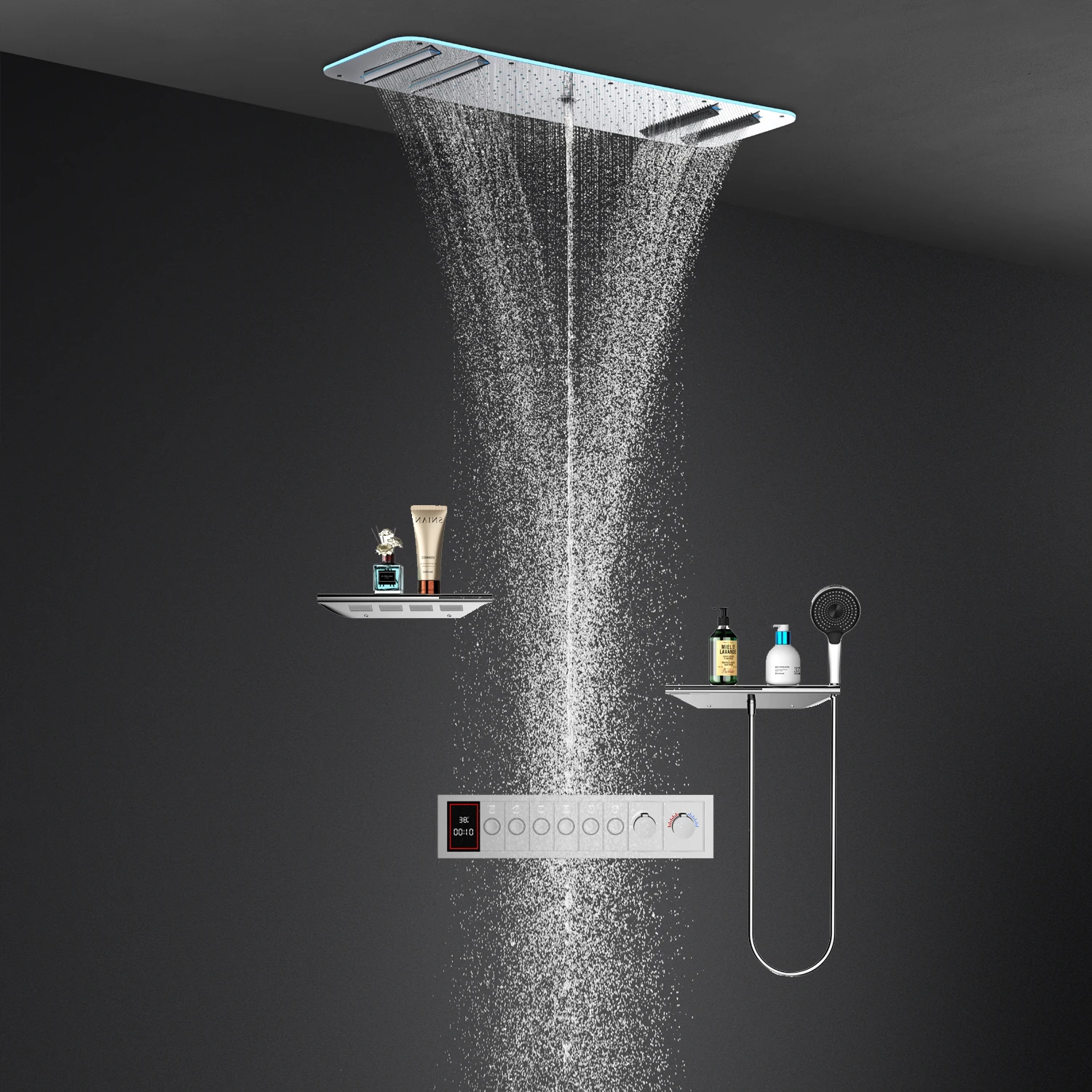 Bathroom LED Shower Set 900*300mm Ceiling Rainfall Waterfall Shower Head Thermostat Mixer Valve Faucets System With Waist Spray
