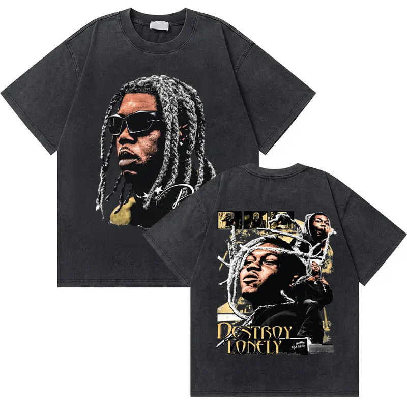 Washed Vintage Rapper Destroy Lonely Double Sided Print T-shirts Men Hip Hop Retro T Shirts Male Fashion Casual Oversized Tshirt