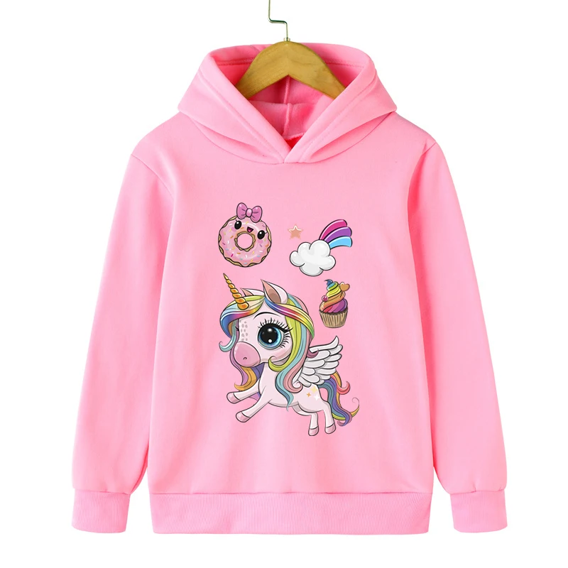 Hoodies Girls Boys Doughnut Cake Unicorn Graphic Casual Hooded Anime Style Long Sleeve Kids Clothing Autumn Cartoon Sweatshirts